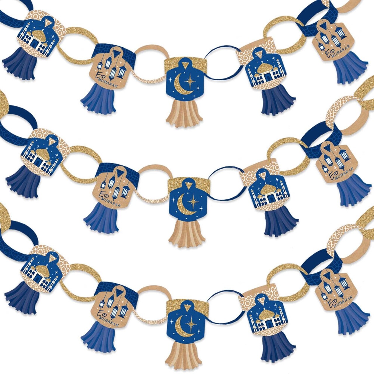 Big Dot of Happiness Eid Mubarak - 90 Chain Links and 30 Paper Tassels Decoration Kit - Ramadan Paper Chains Garland - 21 feet